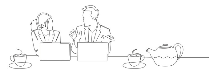 Continuous line art of a business man and woman working in front of a laptop while discussing with a cup of coffee and a teapot. The concept of a busy business owner.

