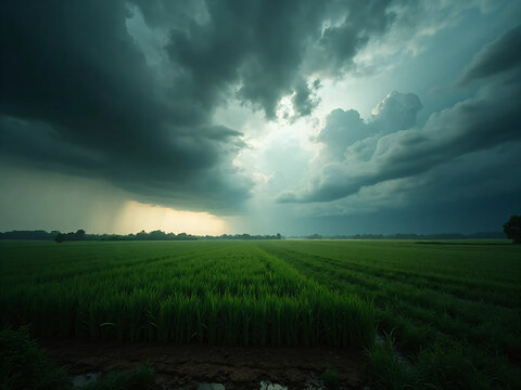 Cinematic 4K wide-angle image of storm clouds rolling over a green farmland, dramatic contrast between dark thunderclouds and sunlit crops