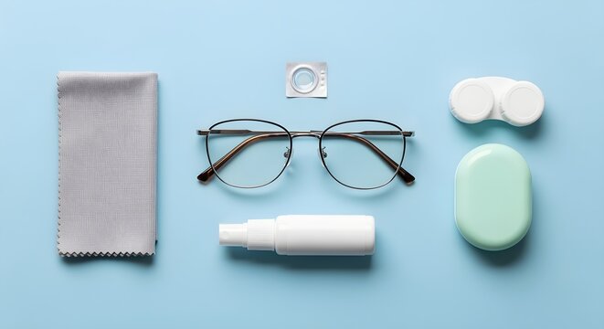 Eye care flatlay: frames, cleaning cloth, lens case, arranged neatly.