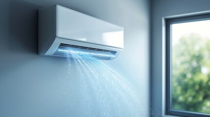 A stream of cool, fresh air, represented by glowing blue particles and swirling lines, blows from the unit into the room. 