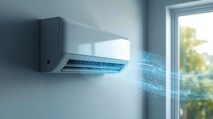 A stream of cool, fresh air, represented by glowing blue particles and swirling lines, blows from the unit into the room. 
