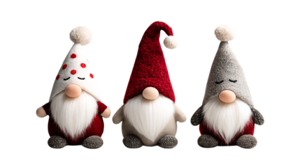 Three adorable christmas gnomes isolated on transparent background, each with unique hats and charming facial expressions, perfect for holiday decor