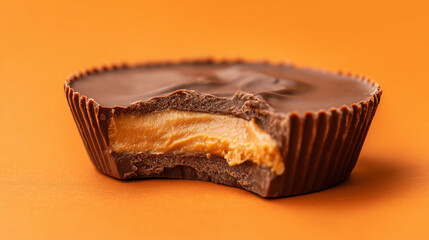 extreme close up of a Reese's peanut butter cup, a bite has been taken out of it, in the style of food photography, orange background