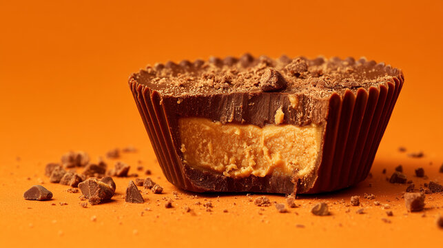 extreme close up of a Reese's peanut butter cup, a bite has been taken out of it, in the style of food photography, orange background
