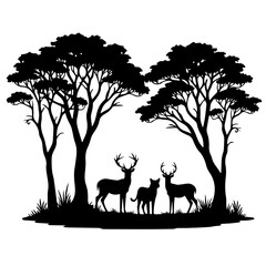 silhouettes of deer animals in the forest