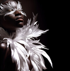 Fashion lifestyle Concept. Radiant glowing skin Black woman with gold eyeshadow, wearing pure white feathers eye mask and boa. copy text space	

