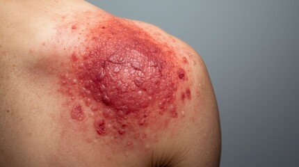 Fototapeta premium A very close-up and detailed macro shot of a human shoulder, showing a severe skin rash with small, red, fluid-filled blisters and irritated, swollen skin. 