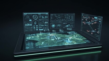 Futuristic holographic interface display with data visualization for tactical planning - Powered by Adobe