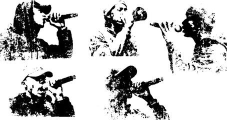 Singer with a microphone in a vintage illustration style. Black and white vector set showcases music artists in expressive engravings.