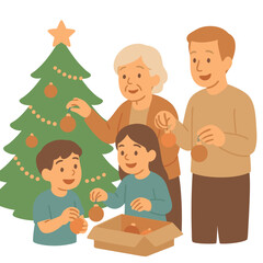 Fototapeta premium Flat vector illustration of family decorating Christmas tree with ornaments. Parents, kids and grandmother preparing home for holiday celebration, cozy festive atmosphere