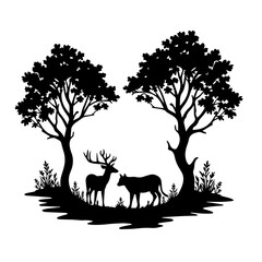 silhouettes of deer animals in the forest