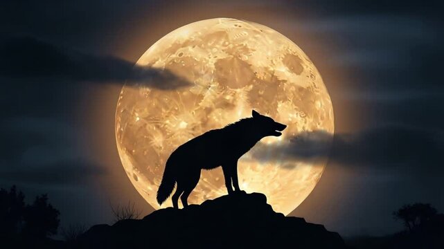 Halloween Mystique Silhouette of a Howling Wolf Against a Giant Harvest Moon Dramatic Night Landscape
