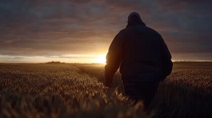 Fototapeta premium Solitary Figure Walking Through Golden Wheat Field at Sunset with Dramatic Sky and Nature Scenery