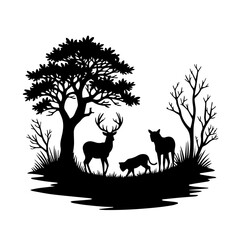 silhouettes of deer animals in the forest