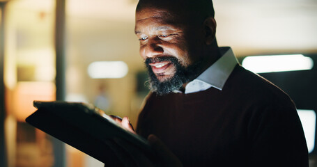 Business, black man and night in office with tablet, accountant or financial manager with idea....