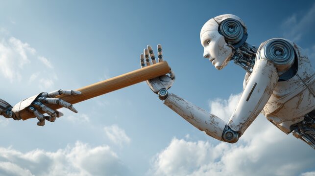 Modern Futuristic Robot Relay Race Baton Pass High-Quality Authentic Tech Teamwork for Professional Corporate Marketing and Social Media Campaigns