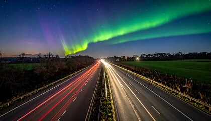 Stunning aurora borealis over a highway at night
