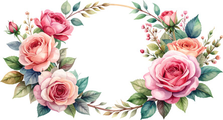 Elegant rose floral frame for greeting cards. Romantic rose wreath for invitations. Vintage floral wreath for elegant designs. Soft pink roses with green leaves frame. Watercolor rose wreath