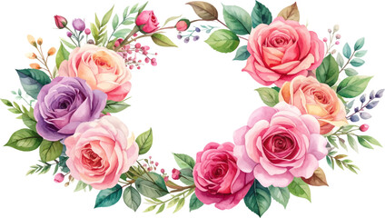 Bright and colorful rose wreath with lavender. Beautiful pink, purple roses and greenery frame. Fresh watercolor roses in soft color palette. Romantic floral wreath with mixed roses. 