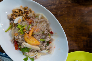 Glass noodle salad with minced pork. Thai food