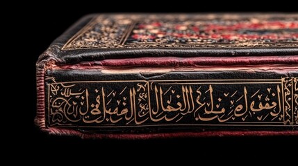 Intricate Artwork on the Spine of a Historic Book with Arabic Calligraphy and Decorative Leather Cover
