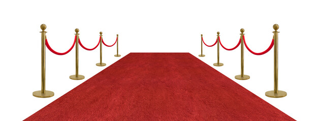 Perspective view red velvet rope barrier and golden poles and red carpet isolated
