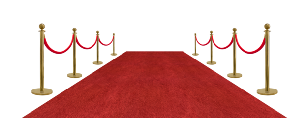 Perspective view red velvet rope barrier and golden poles and red carpet isolated