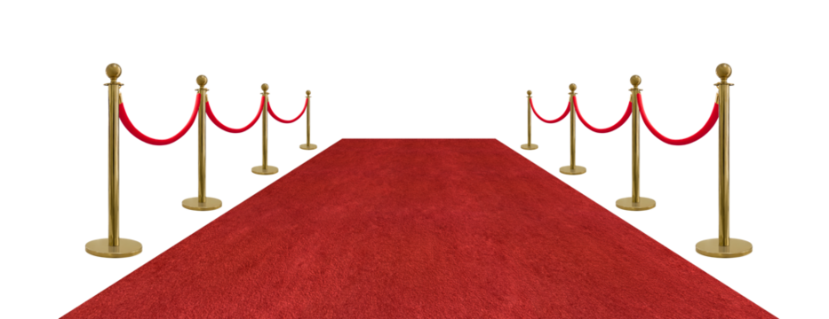 Perspective view red velvet rope barrier and golden poles and red carpet isolated