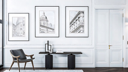 Artistic Home Interior With Sketch Style Poster Wall And Minimalist Furniture