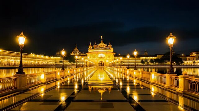 Enchanting golden temple at dusk a sacred sikh pilgrimage site illuminated for celebrations like gurpurab and vaisakhi. Imaginary Sri Harmandir Sahib Amritsar India Sikhism.