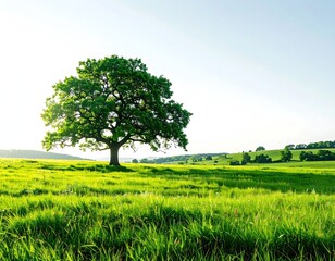 A solitary, vibrant green tree stands majestic in a lush green field against a clear blue sky, evoking peace and tranquility