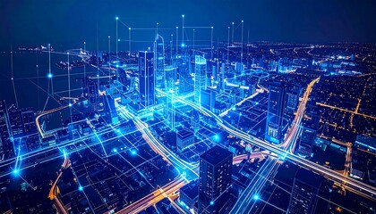 Aerial view of a city at night, overlaid with digital connections