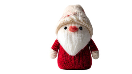 Adorable knitted gnome with a white hat isolated on transparent background, a charming christmas decoration