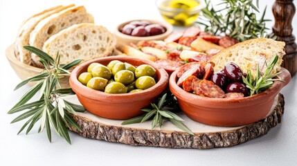 Rustic Spanish tapas spread with olives, chorizo, and bread: A charming tabletop setting featuring a variety of Spanish tapas served in rustic clay dishes, with crusty bread and vibrant olives,