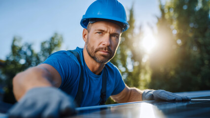 Man wearing blue helmet and gloves installing solar panel with energy project in community under sunlight