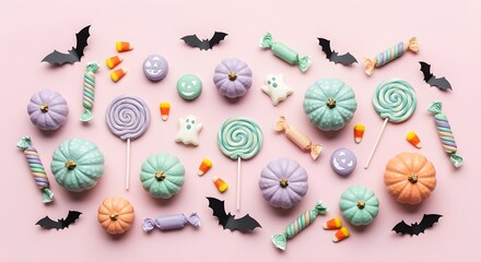 Fototapeta premium Flatlay of pastel-colored Halloween candies, pumpkins, and bats on a pink background.