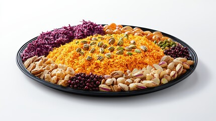 Beautifully arranged Persian rice dish with saffron and nuts: A traditional Persian platter featuring golden saffron rice garnished with pistachios, almonds, and barberries, elegantly presented with