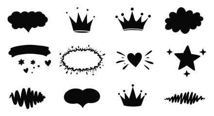 Hand drawn black vector elements set crowns stars hearts speech bubbles