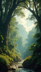 Obraz premium Serene river flowing through lush jungle landscape