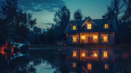 House by the lake and river with green trees and clear sky reflection at night