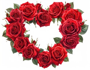 Heart made of red roses with green leaves, forming an open center on a white background, symbolizing love and affection