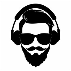 Monochrome vector illustration of a bearded man's head wearing cool sunglasses and headphones. A stylish hipster avatar for music, gaming, or podcasting concepts