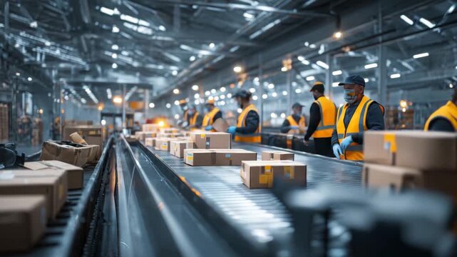Workers Sorting Packages in Modern Warehouse Logistics Center