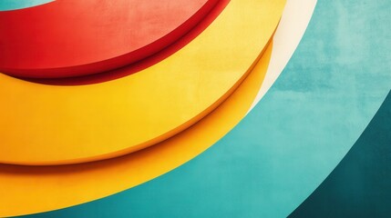 Abstract outdoor shapes in red, yellow, teal, and off-white