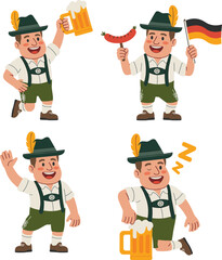 Happy Oktoberfest men celebrating with beer, sausage, German flag, traditional Bavarian clothing, lederhosen, hat with feather, festive party.