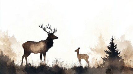 Obraz premium Large elk and fawn standing peacefully in forest during daytime