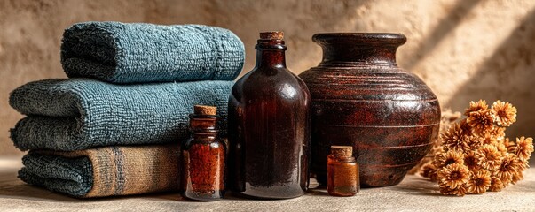 Rustic spa arrangement featuring towels, bottles, vase, and dried flowers