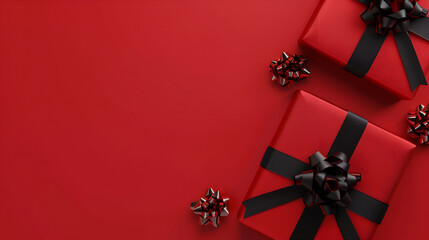 Christmas gift box with red ribbon holiday decoration and golden bow