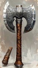 Ornate double-headed axe with wooden handle