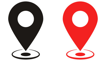 location icon, map pin icons in outline, black, and red styles. for maps, GPS, navigation apps, location markers, address indications, and geolocation interfaces